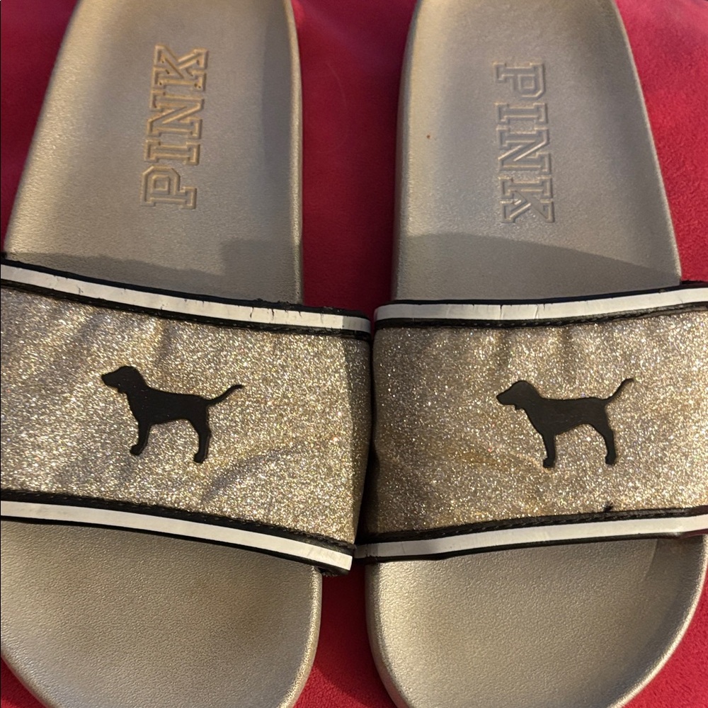 PINK Victoria's Secret Gold Glitter Dog Slides